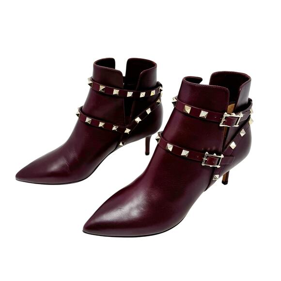 Valentino Garavani Rockstud Burgundy Leather Ankle Boots 37.5 Pointed Toe Heels - Picture 3 of 6